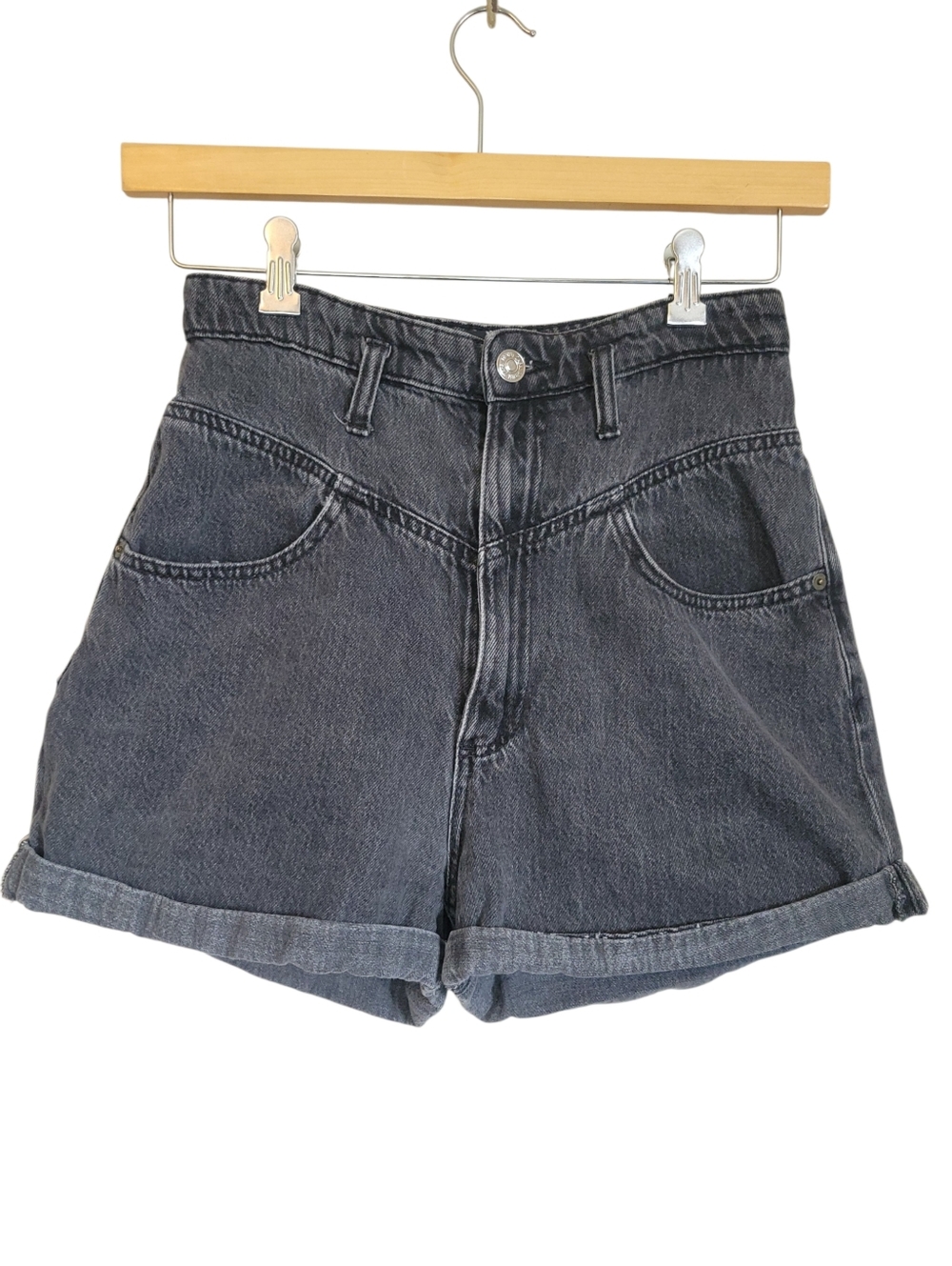 Zara Black High Rise Denim Shorts Rolled Cuff Mom Jean 90s Eco Festival Cotton 6